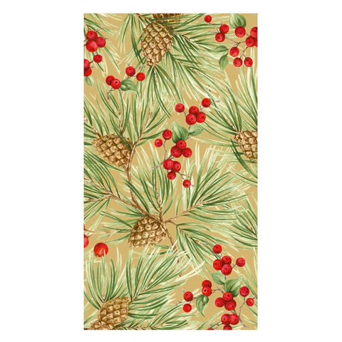 Caspari Evergreen and Berries Gold Guest Towel Napkins, Set of 15