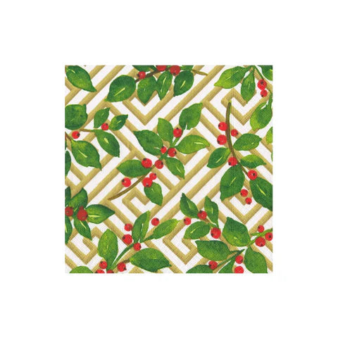 Caspari Holly and Fretwork White Cocktail Napkins, Set of 20
