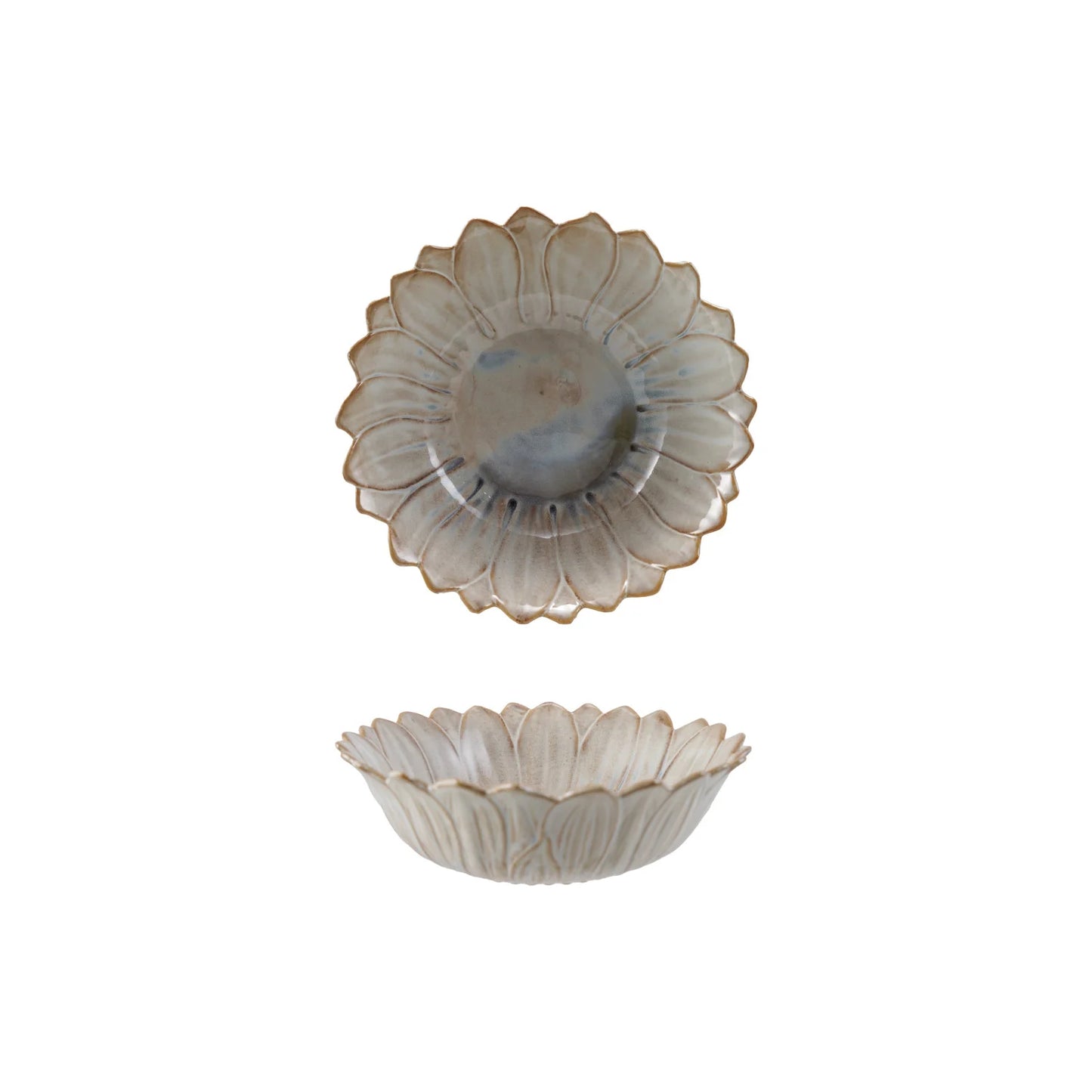 Stoneware Flower Shaped Bowl, Reactive Glaze, White & Blue