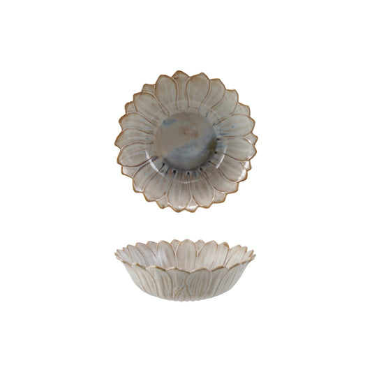 Stoneware Flower Shaped Bowl, Reactive Glaze, White & Blue