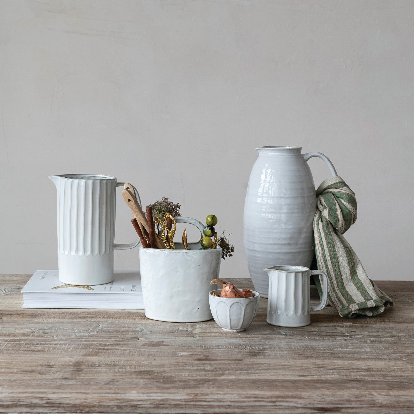 Quart Stoneware Ribbed Pitcher, White