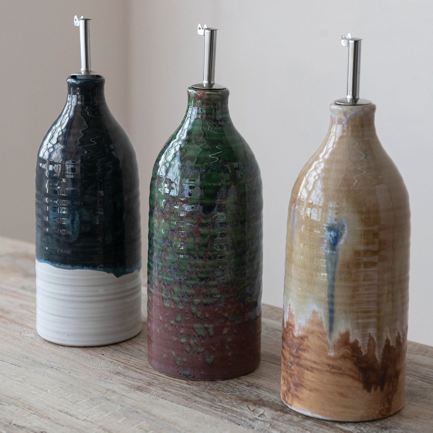 Stoneware Oil Cruet with Stainless Steel Spout, 3 Colors