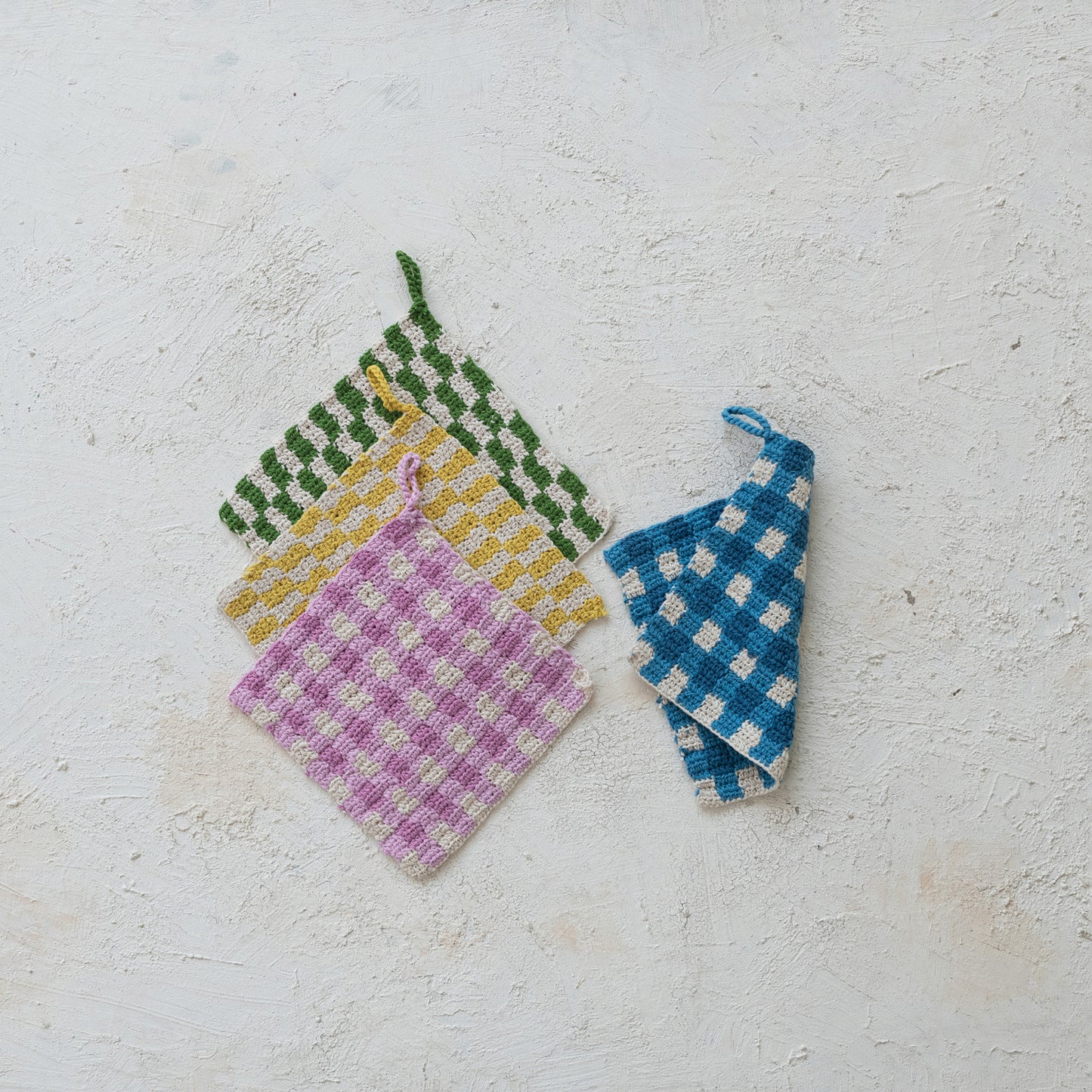 Cotton Crocheted Pot Holder with Check Pattern, 4 Styles