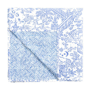 Caspari Reversible Kantha Table Cover, Blue & White Pagoda Toile