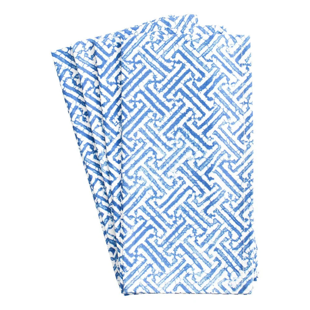 Caspari Fretwork Cotton Dinner Napkins, Blue & White, Set of 4