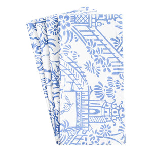 Caspari Pagoda Toile Cotton Dinner Napkins, Blue & White, Set of 4