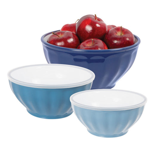 Ribbed Bowls with Lids - Blue, Set of 3