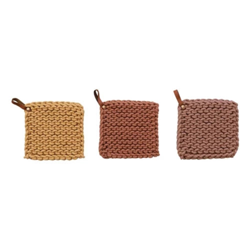 Cotton Crocheted Pot Holder with Leather Loop