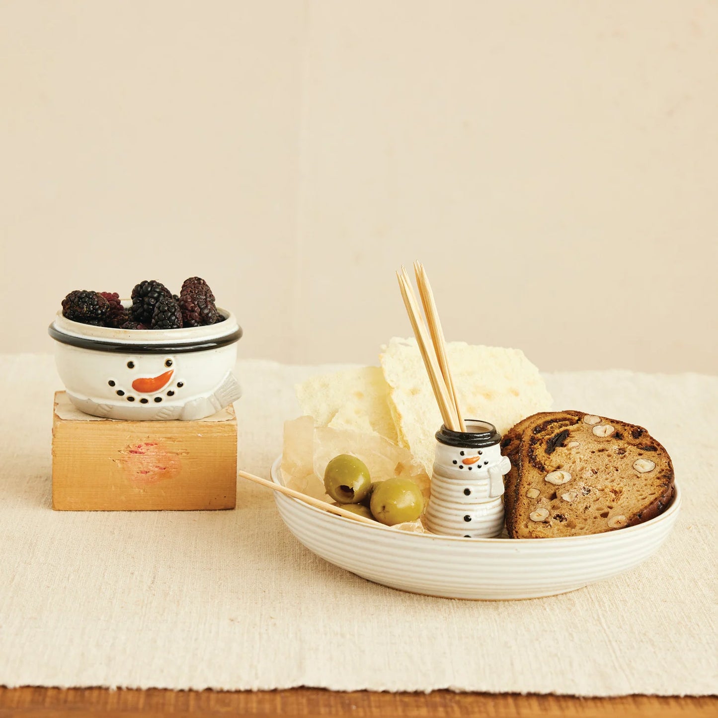 Stoneware Bowl with Snowman Shaped Toothpick Holder