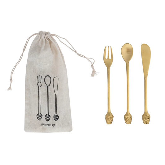 Brass Appetizer Set with Pinecone Handle, Set of 3, 6”