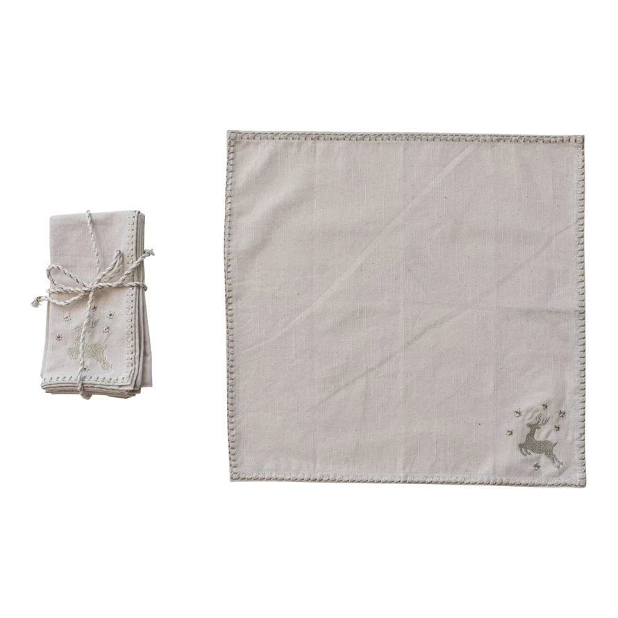 Cotton Napkins with Embroidered Deer, Set of 4
