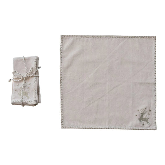 Cotton Napkins with Embroidered Deer, Set of 4