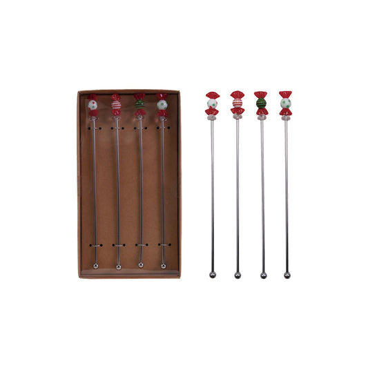 Cocktail Stirrers with Hand-Blown Glass Candies, Set of 4