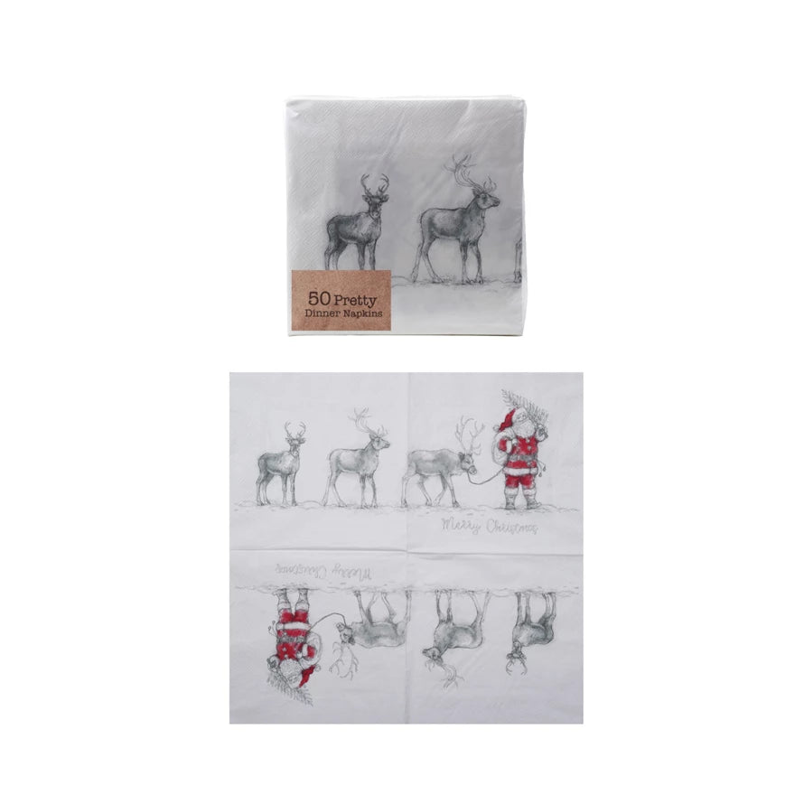 Paper Napkins with Santa Leading Reindeer Image, 50 Pc