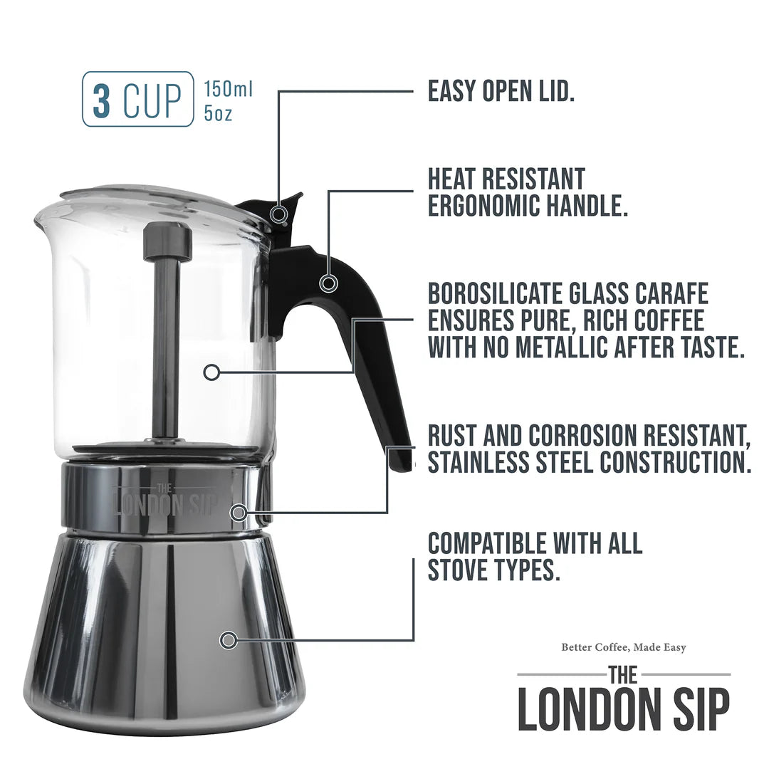 The London Sip Stainless Steel Espresso Maker and Glass