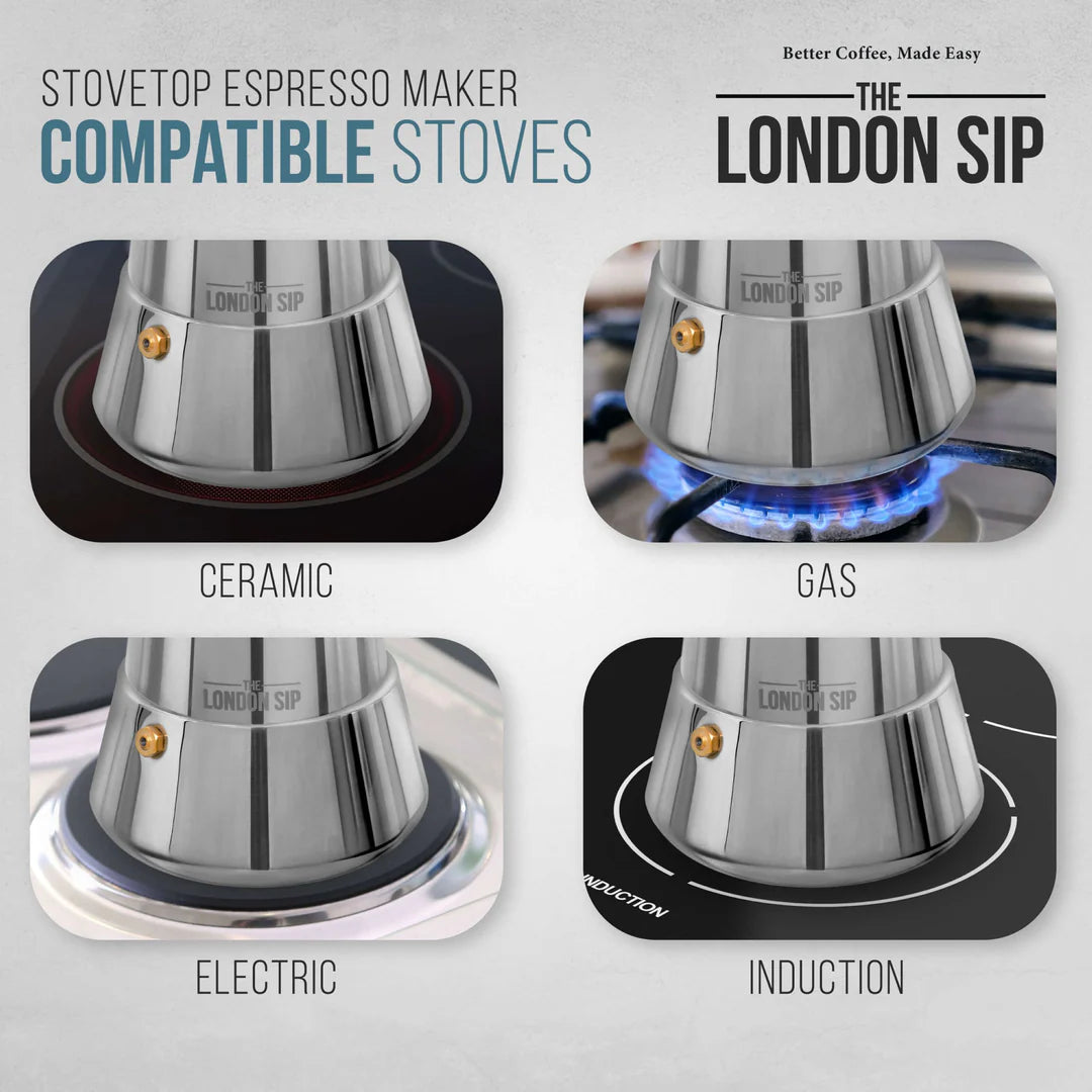 The London Sip Stainless Steel Espresso Maker and Glass