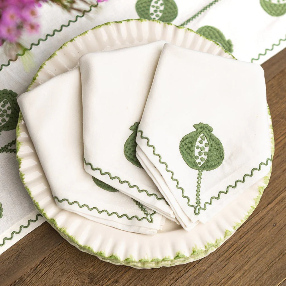 Pomegranate Crewel Green Napkins, Set of 4