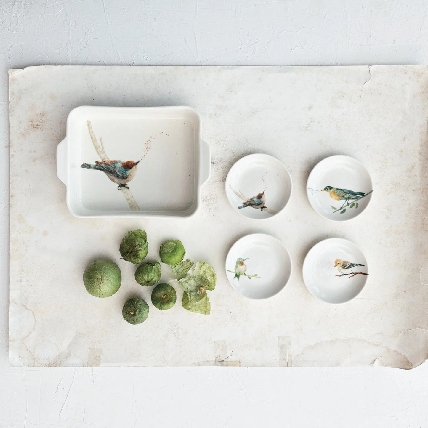 Round Stoneware Dish with Bird on Branch, Assorted