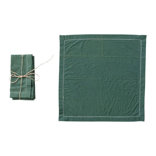 Cotton Napkins with Stitching, Green & White, Set of 4
