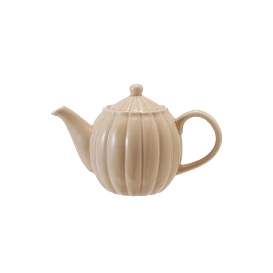 Stoneware Fluted Ribbed Teapot, Cream Color