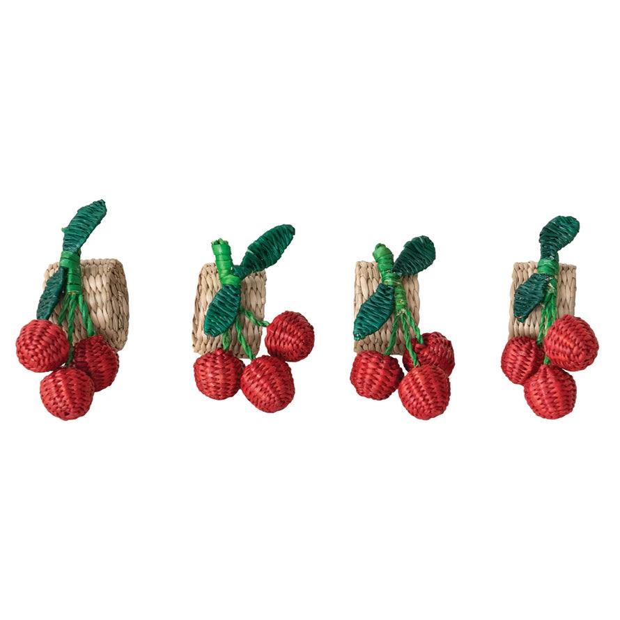 Woven Seagrass Cherry Napkin Rings, Red, Green & Natural, Set of 4