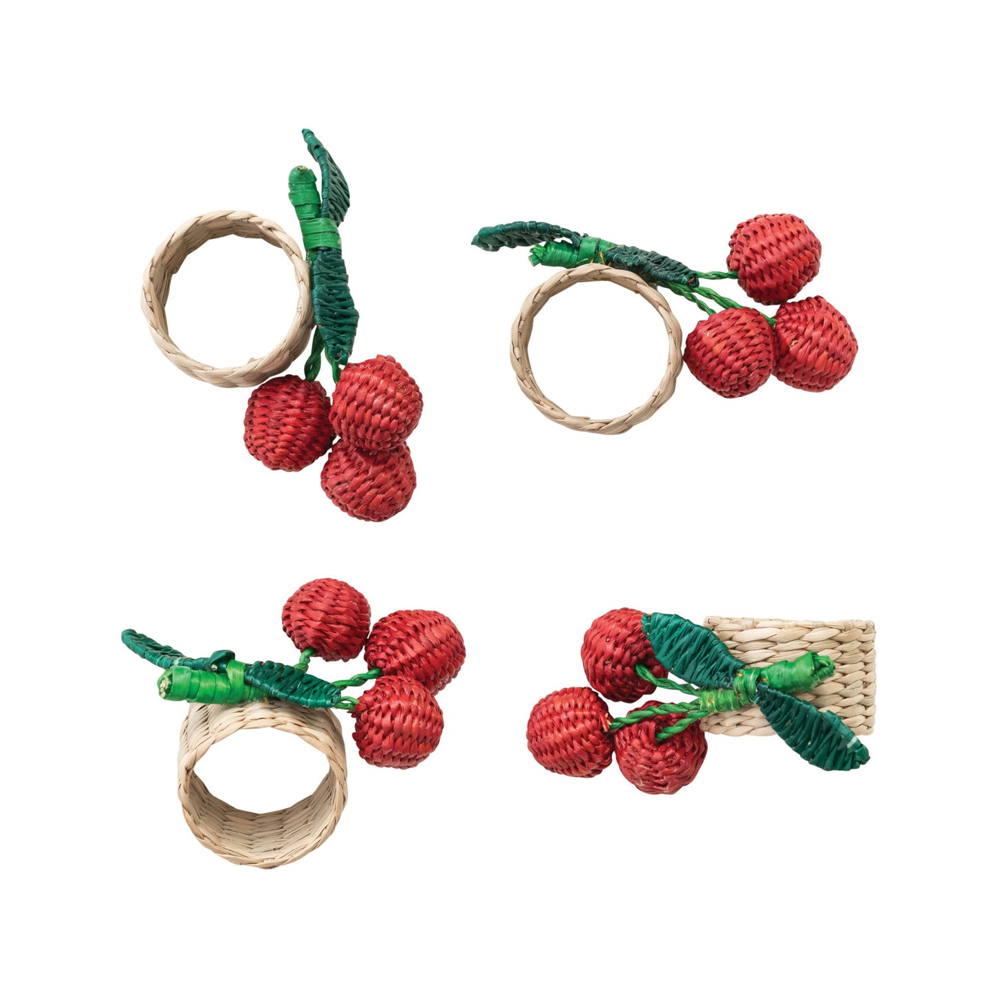 Woven Seagrass Cherry Napkin Rings, Red, Green & Natural, Set of 4