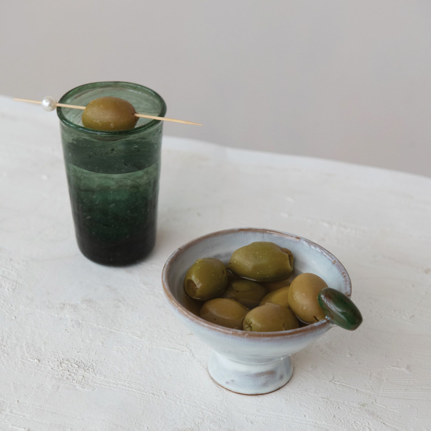 Stoneware Footed Bowl with 3D Olive on Rim