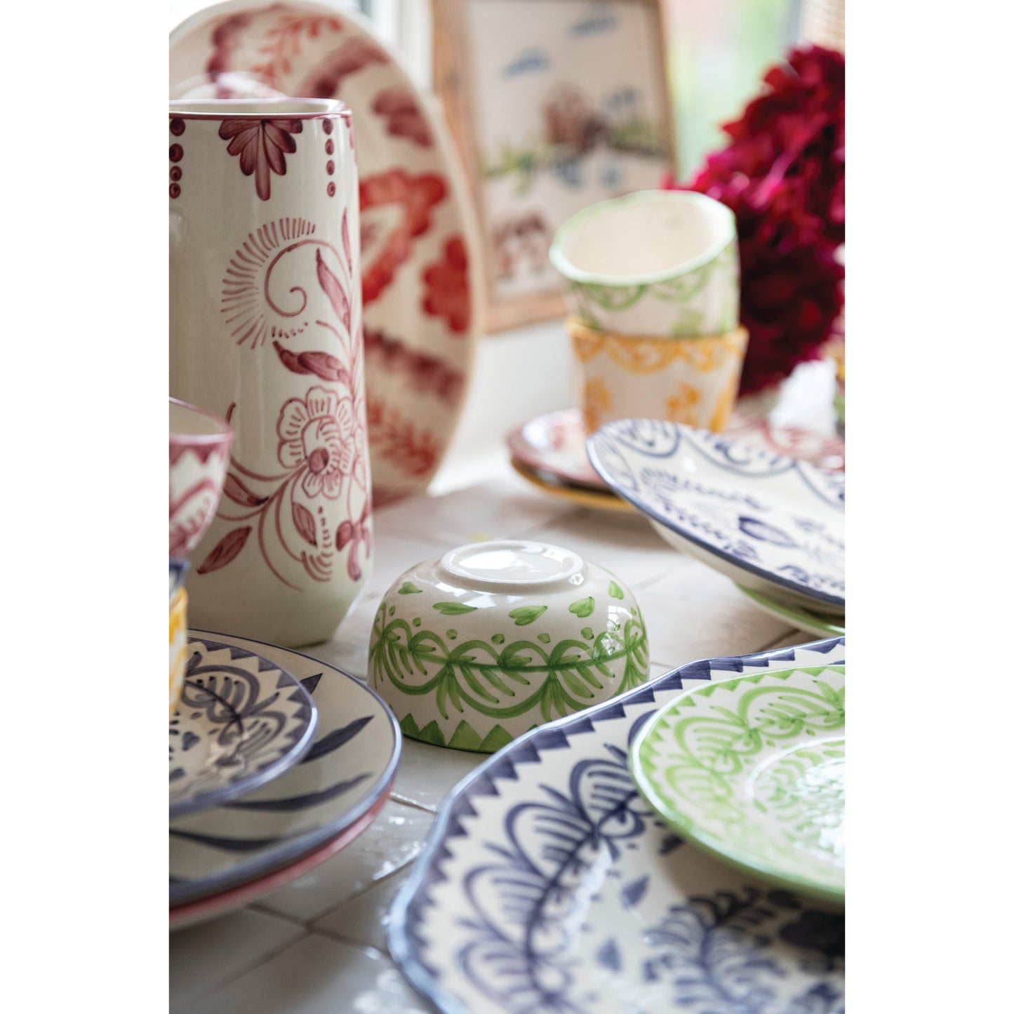 Hand Painted Stoneware Bowl with Botanical Design, Assorted Colors