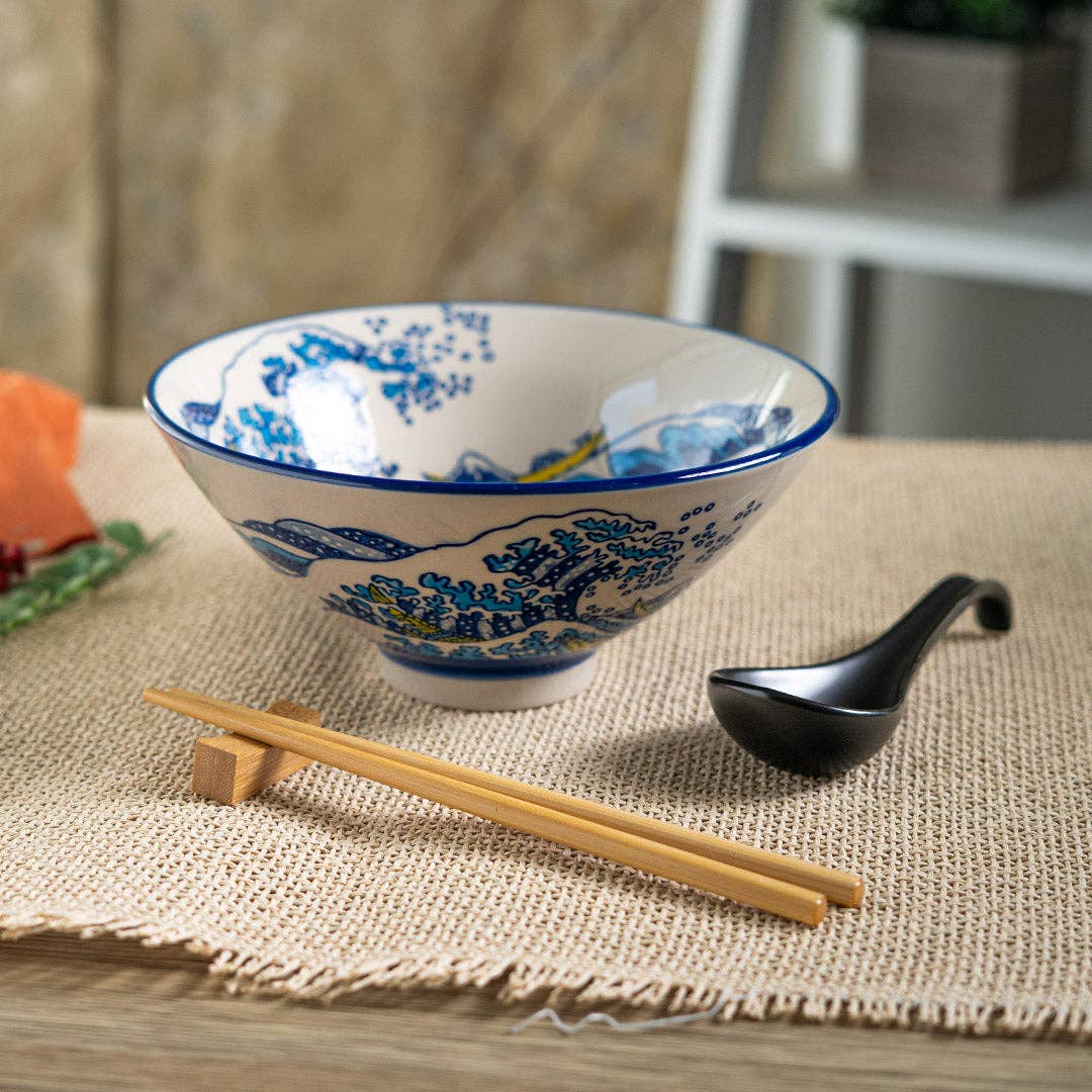 Urban Tokyo Bowl With Chopsticks, Spoon and Chopstick Rest Set, Great Wave Design