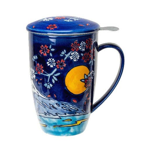 Fuji Mountain Design Tea Mug with Lid and Infuser, 15oz