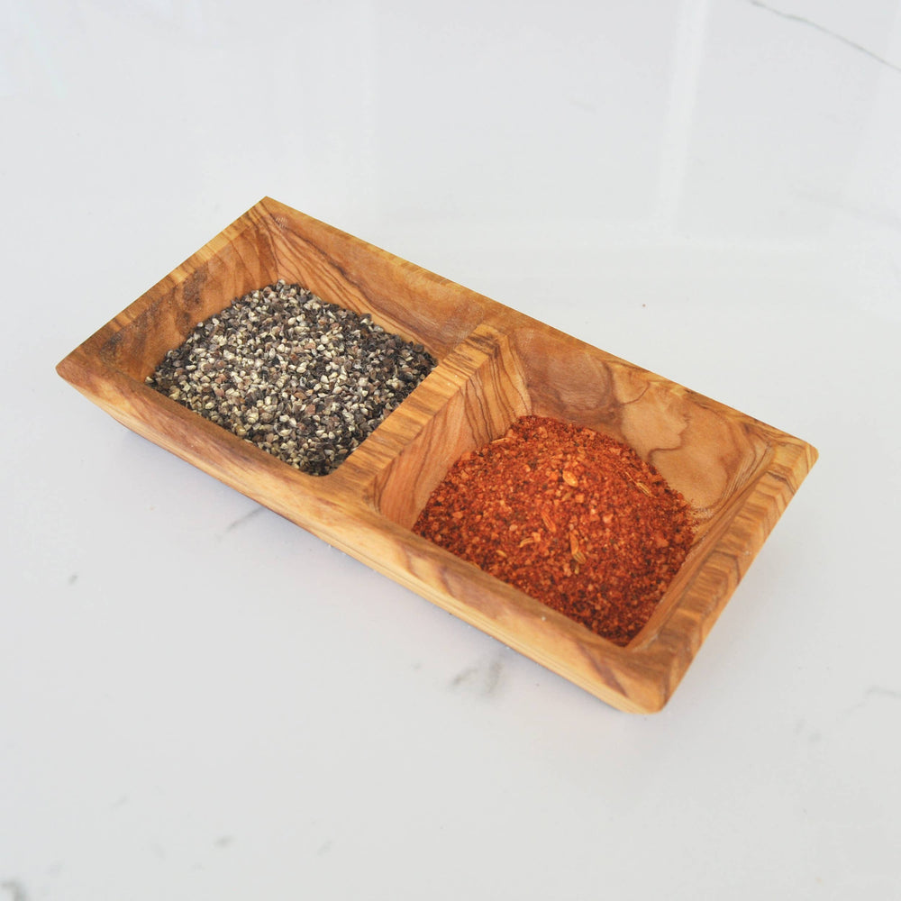 Olive Wood Square Double Dipping Bowl, 6.5”