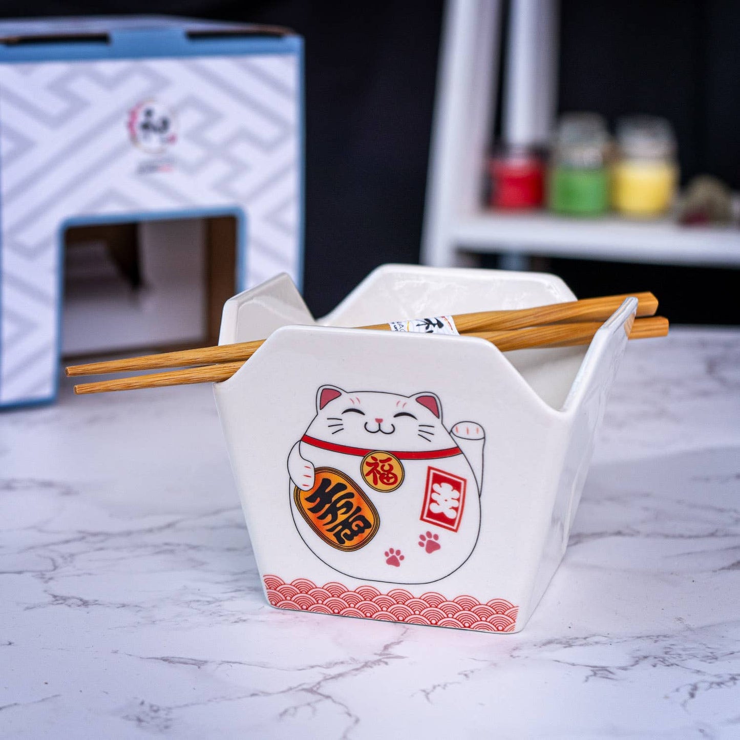 Urban Tokyo Takeout Box Serving Bowl With Chopsticks - Lucky Cat