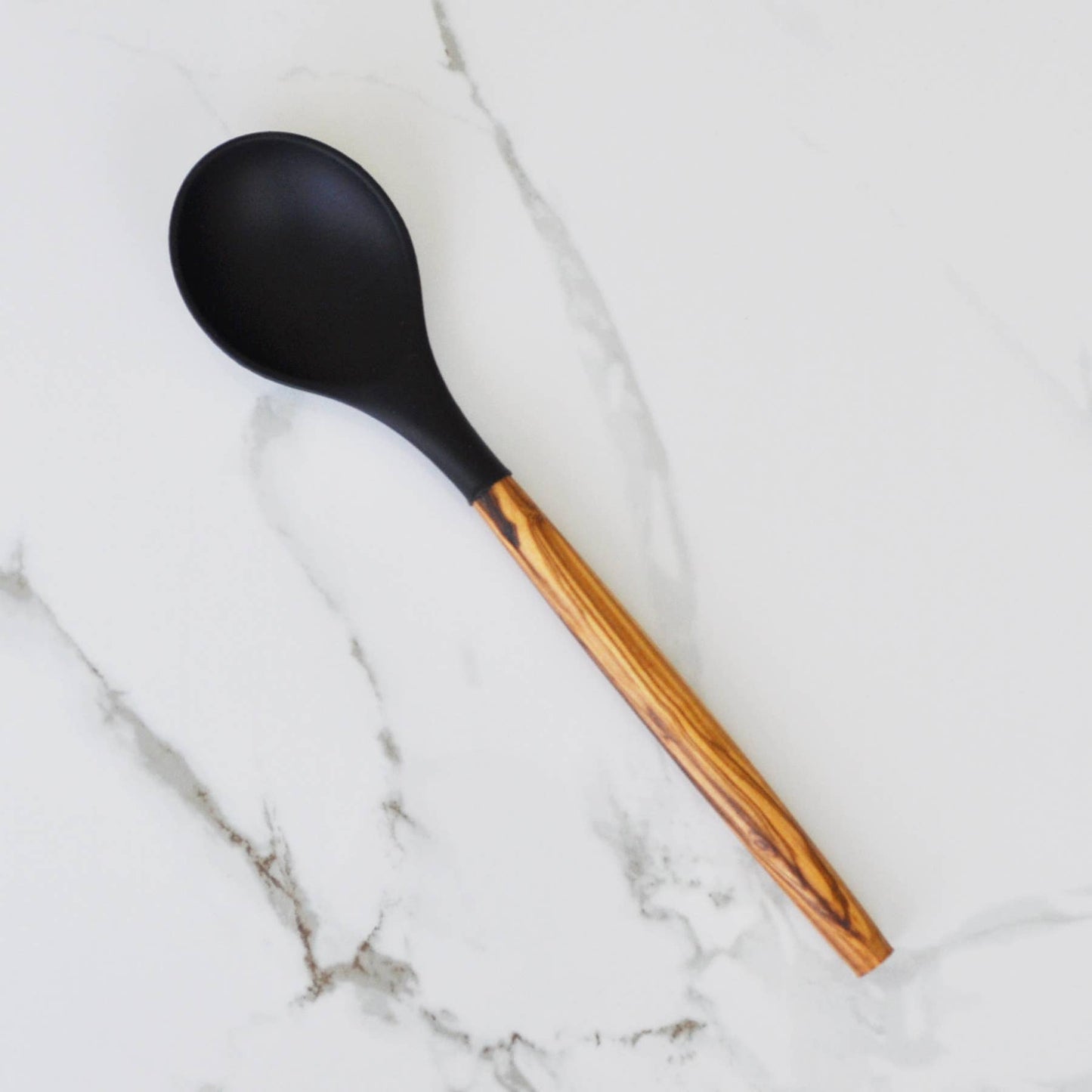 Black Silicone Round Spoon with Olive Wood Handle, 12"