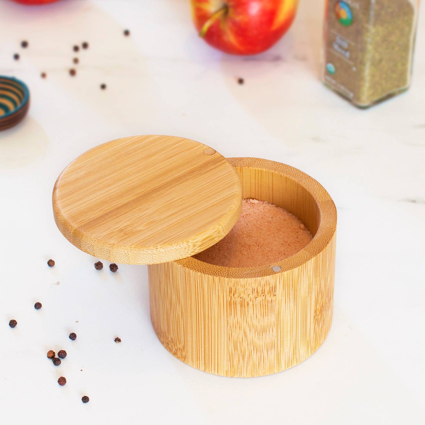 Bamboo Salt Cellar Spice Storage Box with Magnetic Swivel Lid
