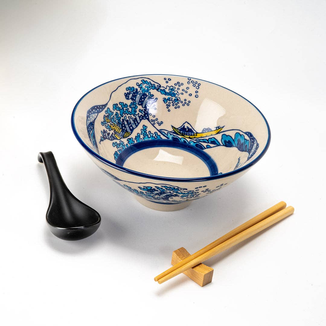 Urban Tokyo Bowl With Chopsticks, Spoon and Chopstick Rest Set, Great Wave Design