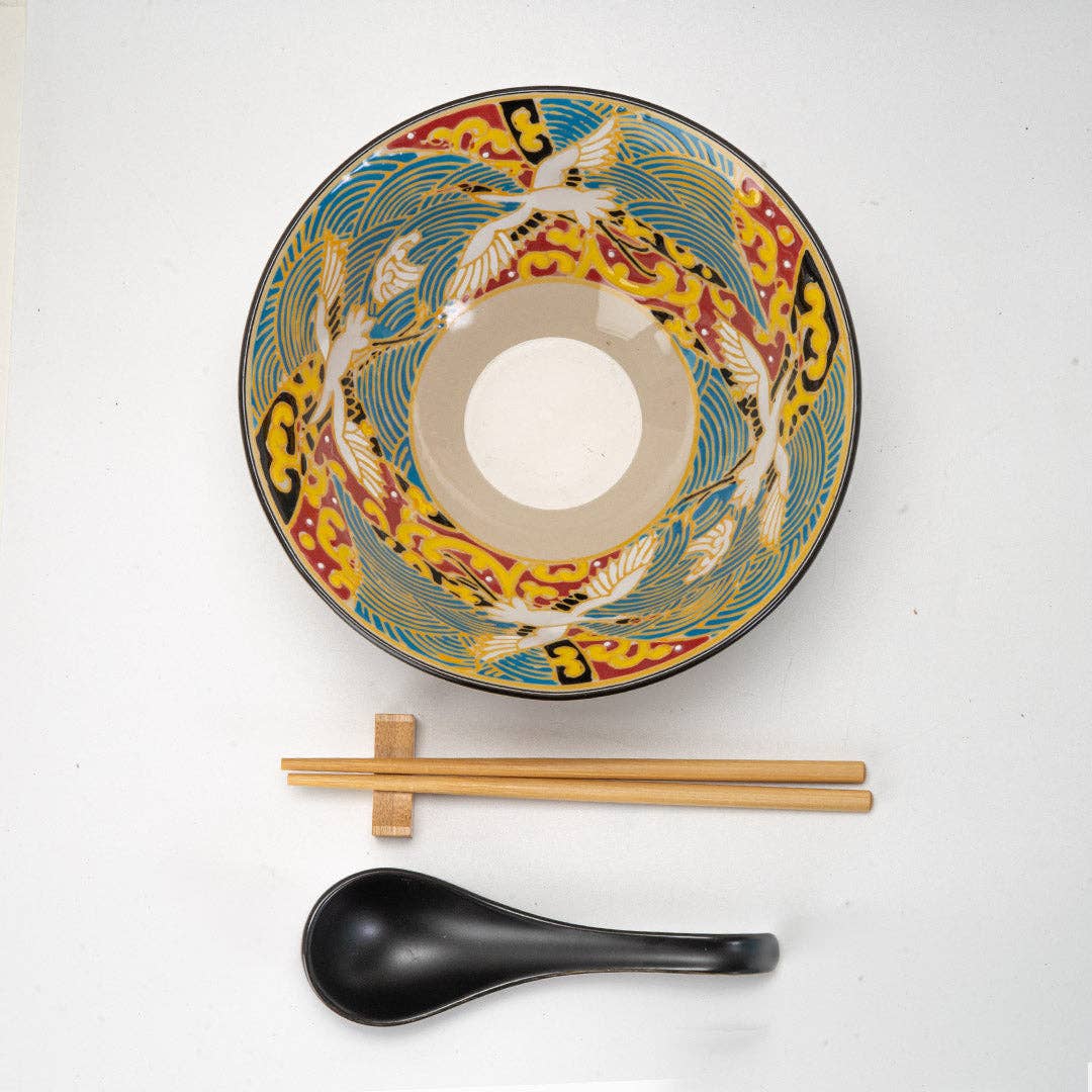 Urban Tokyo Bowl With Chopsticks, Spoon and Chopsticks Rest Set - Japanese Crane