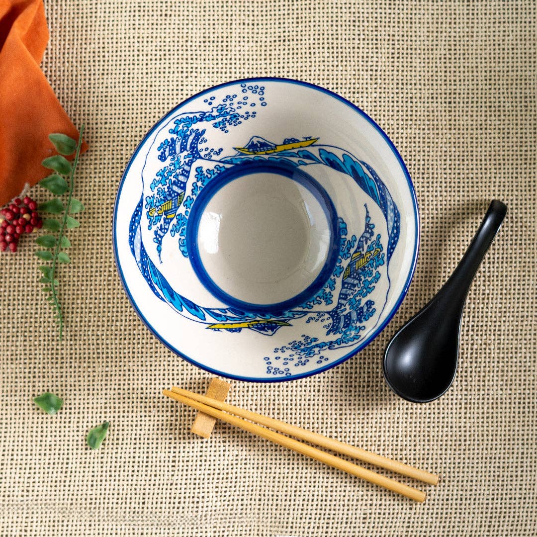 Urban Tokyo Bowl With Chopsticks, Spoon and Chopstick Rest Set, Great Wave Design