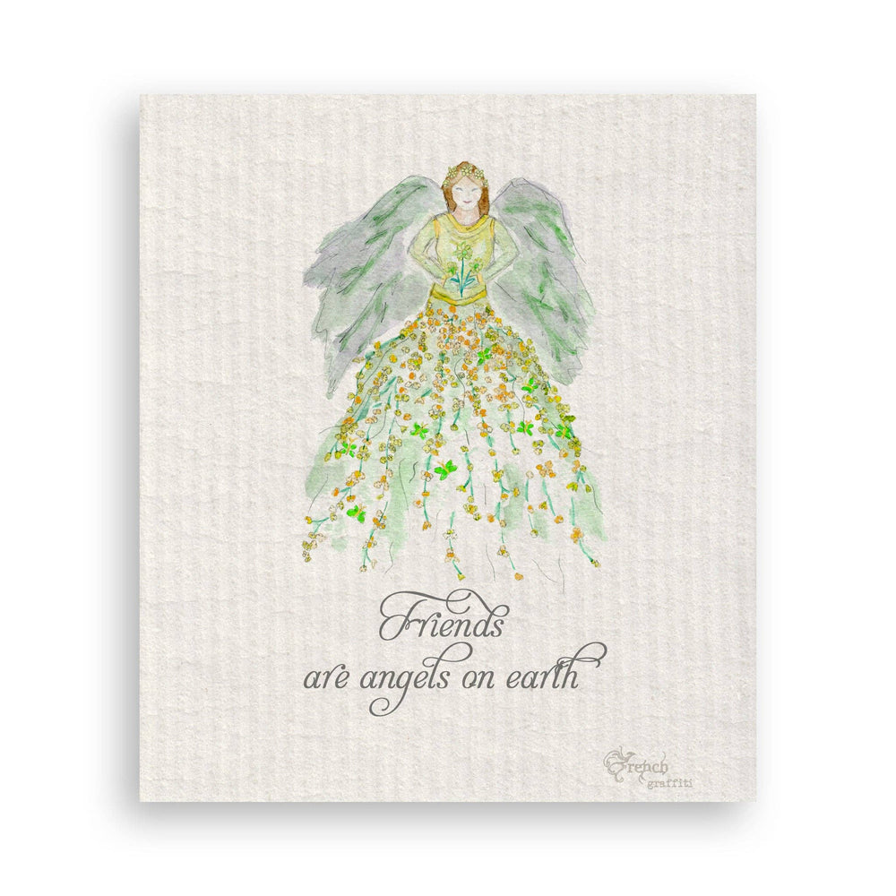 Green Floral Angel with Friends Quote Dishtowel