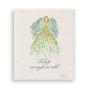 Green Floral Angel with Friends Quote Dishtowel