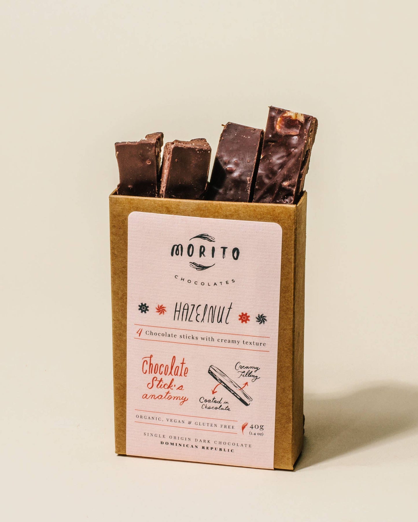 Morito Chocolates - HAZELNUT- 4-Pack of Vegan Chocolate Sticks