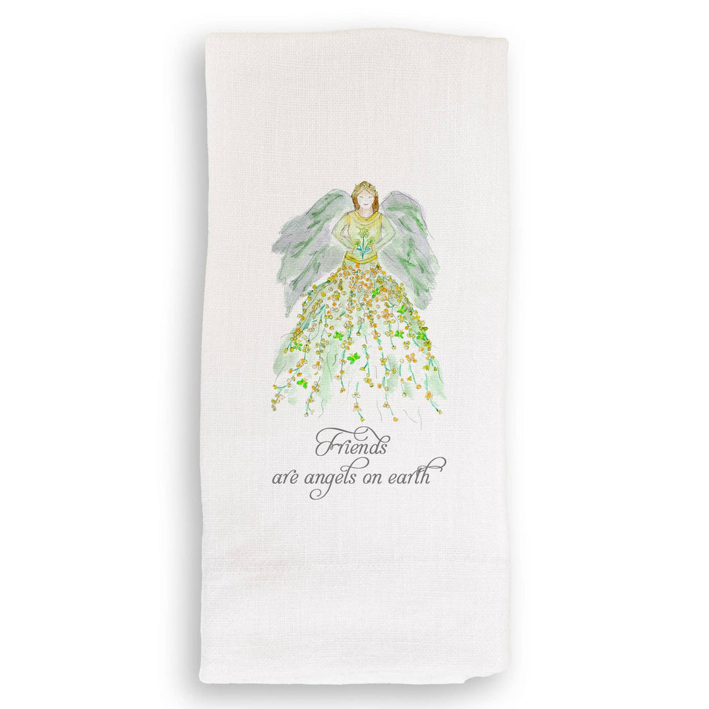 Green Floral Angel with Friends Quote Dishtowel