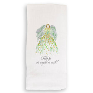 Green Floral Angel with Friends Quote Dishtowel