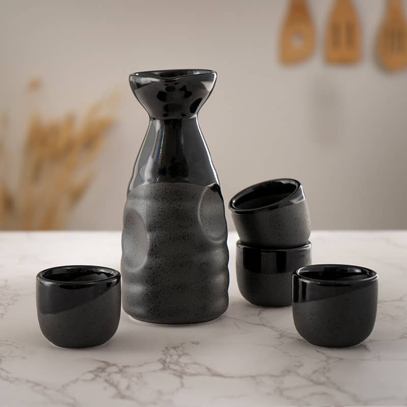 Urban Tokyo Black Gloss and Matte Glazed Sake Bottle and 4 Cups