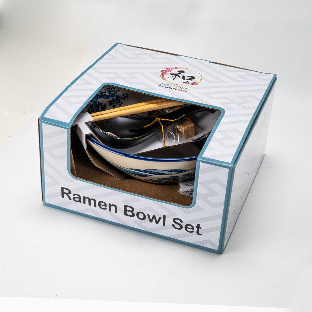 Urban Tokyo Bowl With Chopsticks, Spoon and Chopstick Rest Set, Great Wave Design