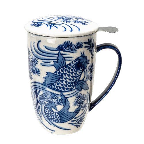 Koi Fish Design Tea Mug with Lid and Infuser, 15oz