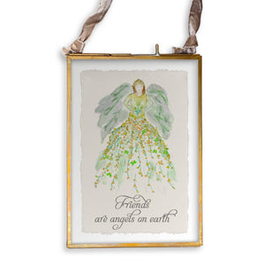 Green Floral Angel with Friends Quote Dishtowel