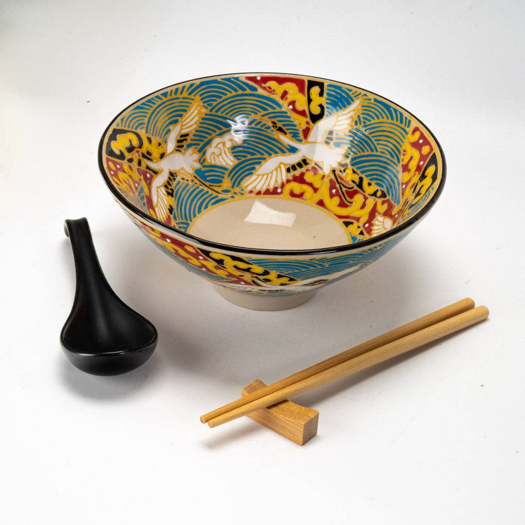 Urban Tokyo Bowl With Chopsticks, Spoon and Chopsticks Rest Set - Japanese Crane
