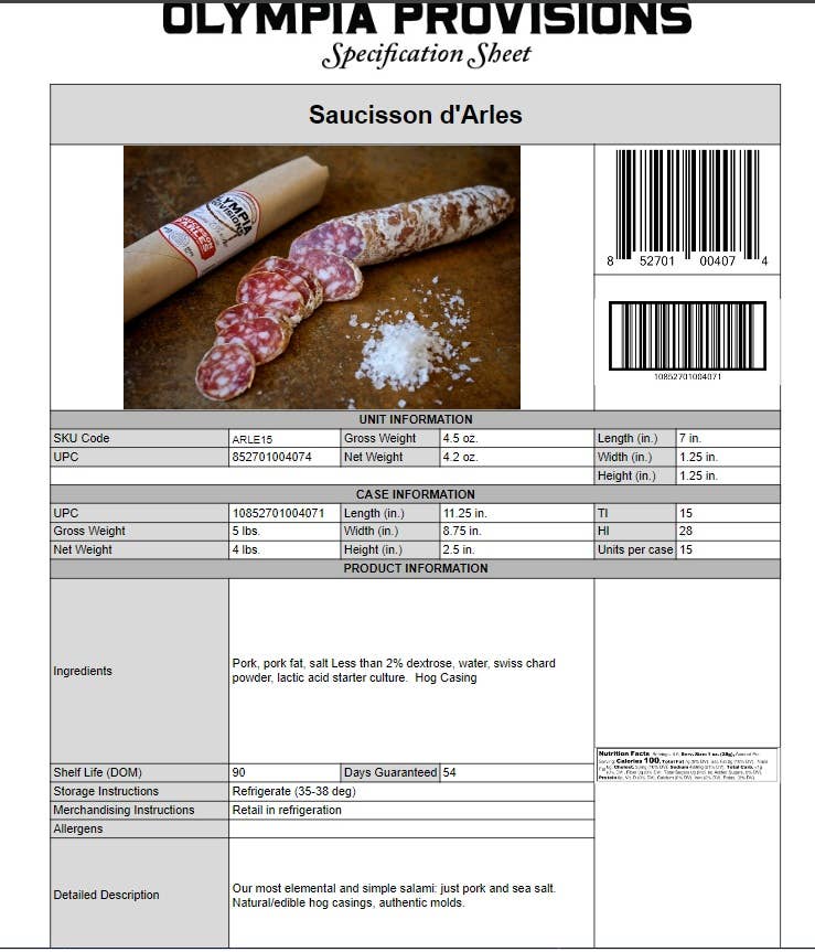Olympia Provisions Saucisson d'Arles Salami