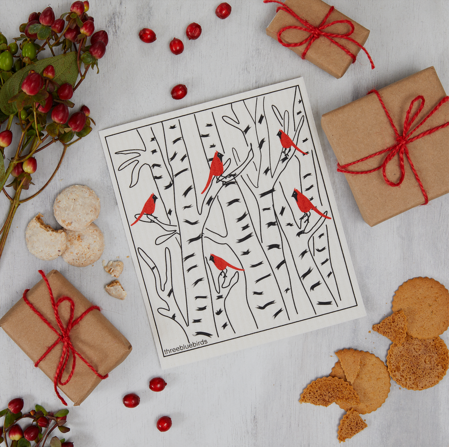 Three Bluebirds Swedish Dishcloths - Winter Cardinals Swedish Dishcloth