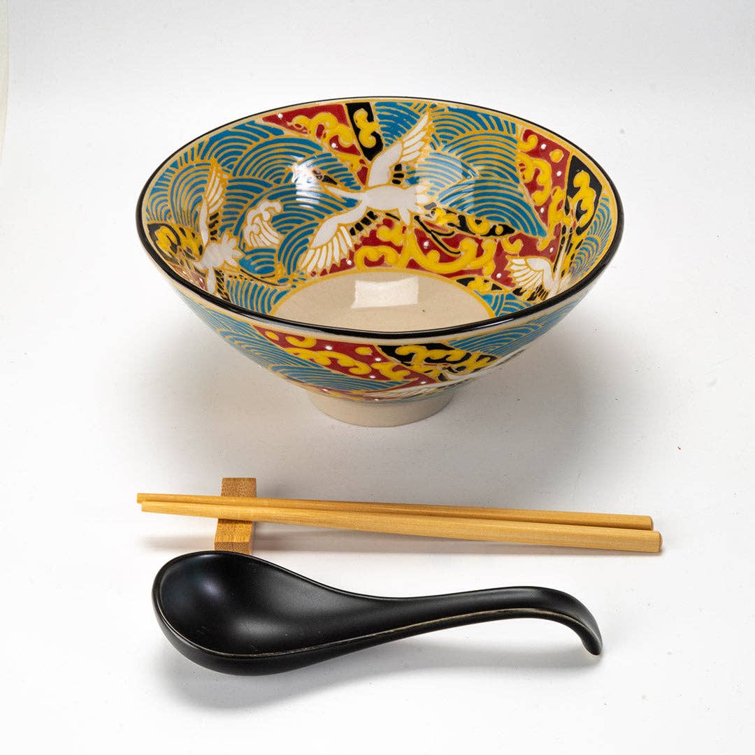Urban Tokyo Bowl With Chopsticks, Spoon and Chopsticks Rest Set - Japanese Crane